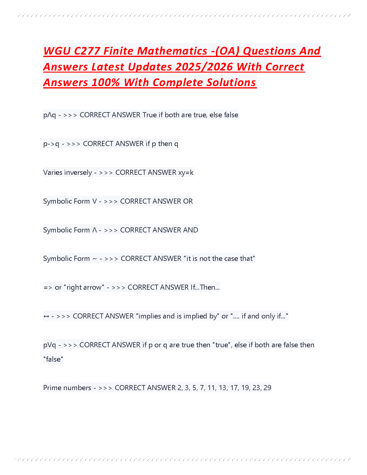 WGU C277 Finite Math OA Exam Questions & Answers 2025-2026