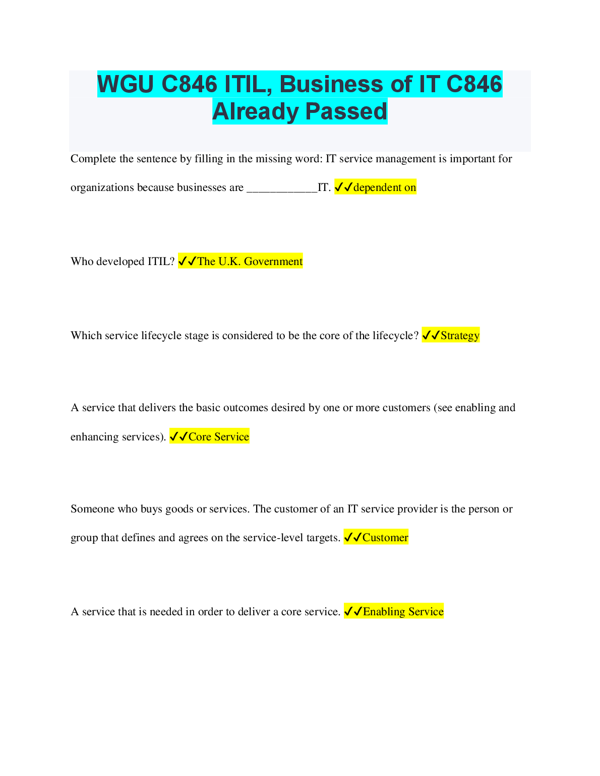 WGU C846 ITIL Business of IT Study Guide A+