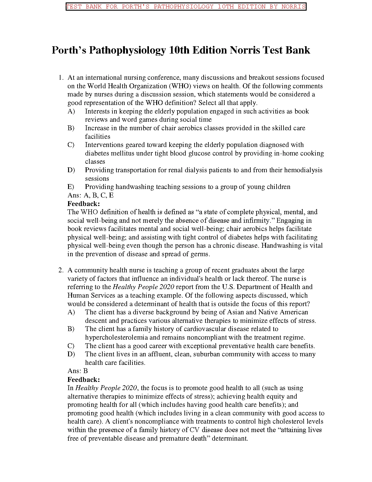 Porth's Pathophysiology Test Bank 2026/27