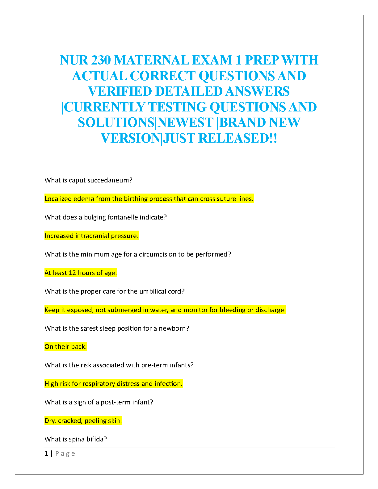 NUR 230 Maternal Nursing Test Bank 2026/27 Questions Answers IMG-1