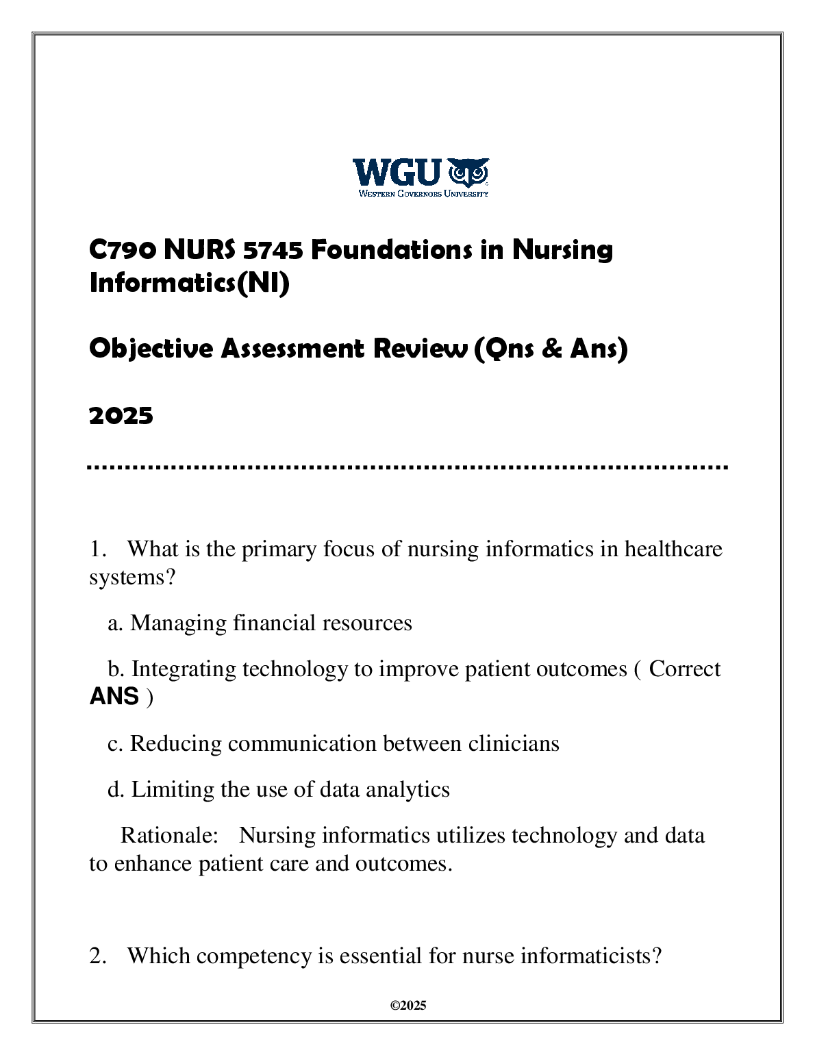 Nursing Informatics WGU C790 Exam Prep Guide 2025