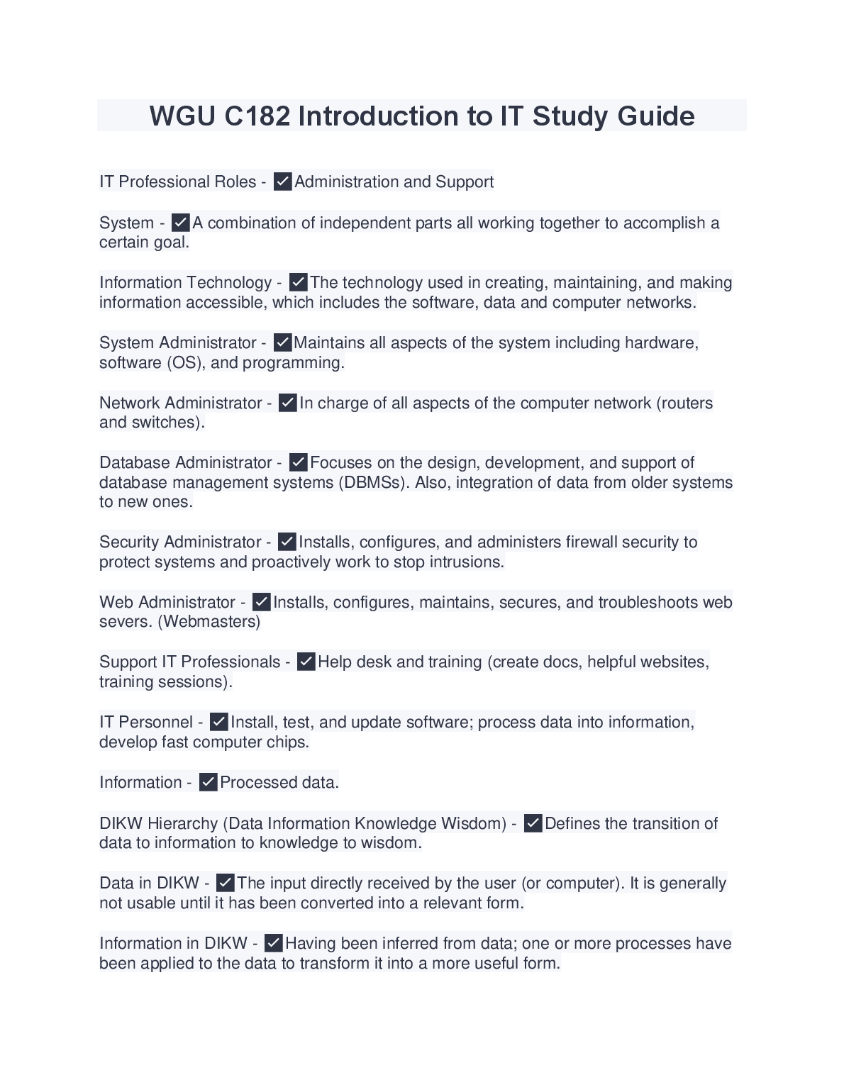 WGU C182 Intro to IT Study Guide 2023-24