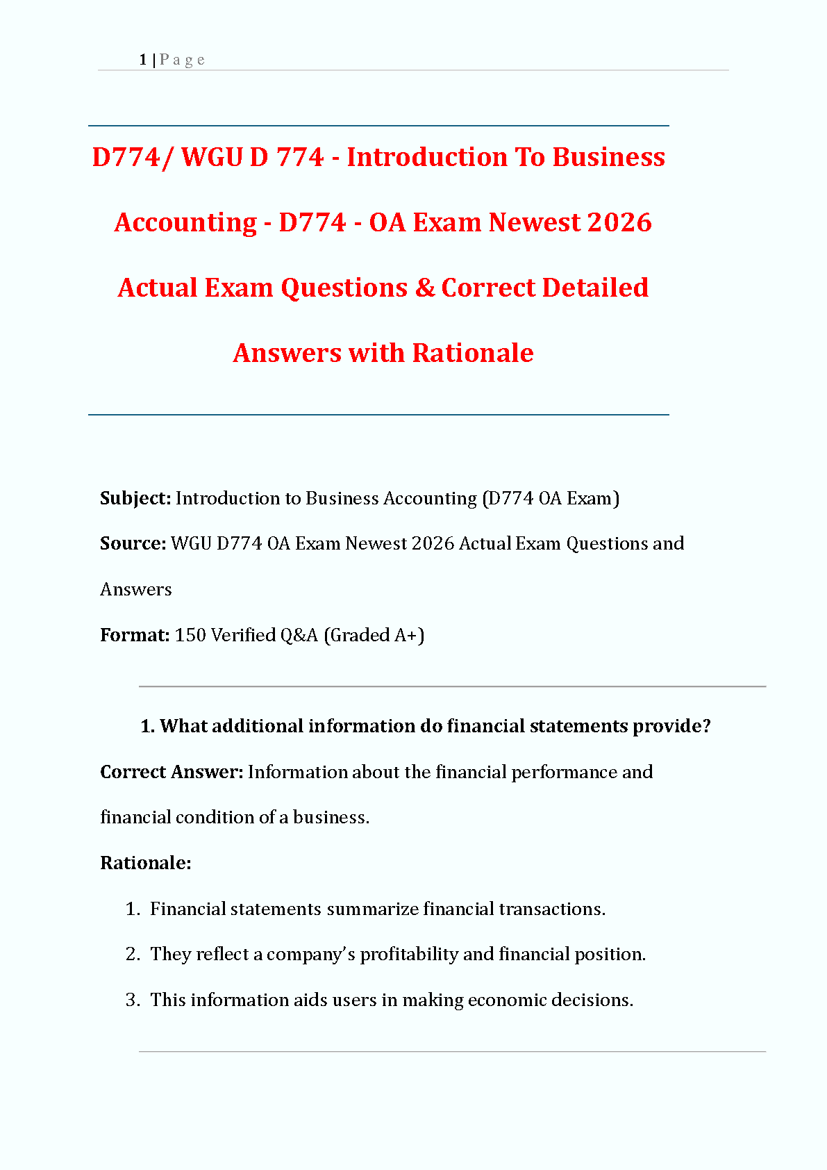 WGU D774 Intro to Bus Acc Test Bank 2026 Questions & Answers