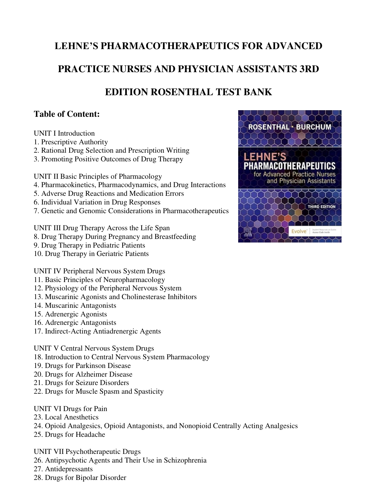 Lehne's Pharmacotherapeutics 3rd Edition TEST BANK