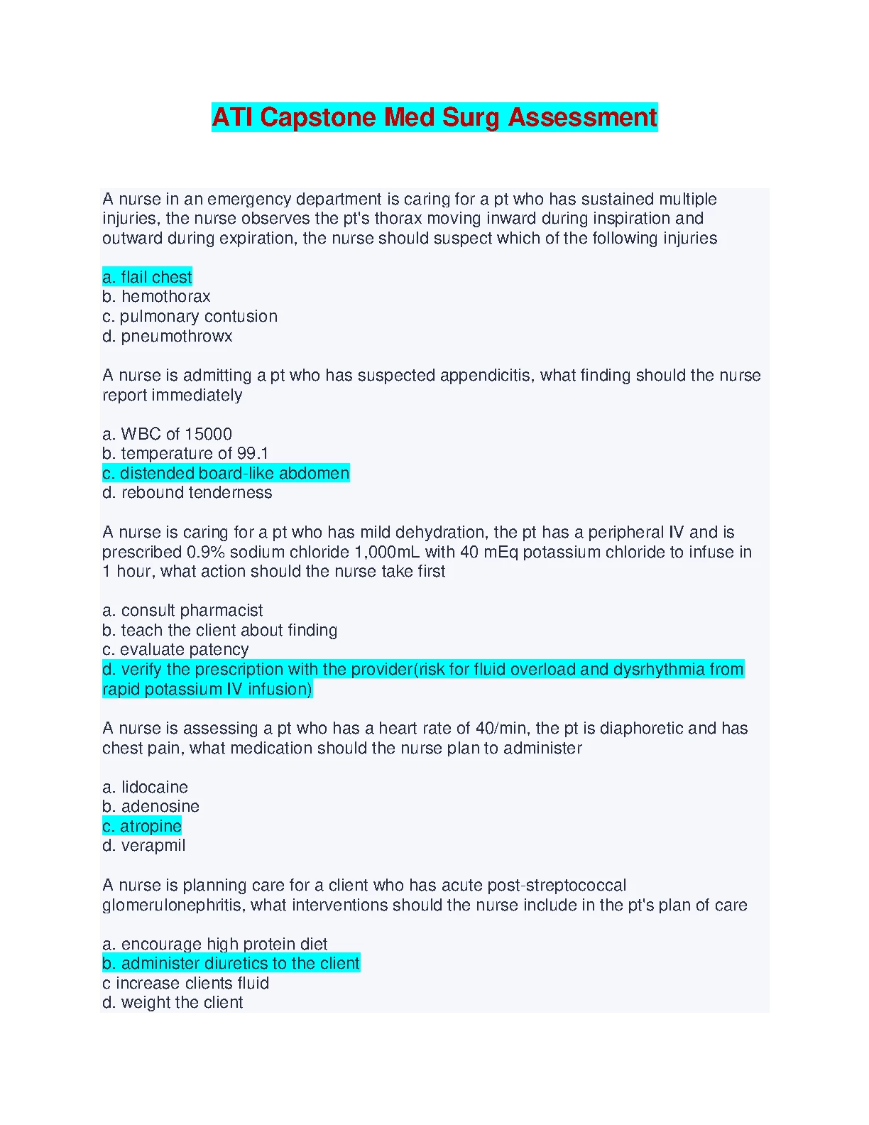 ATI Capstone Med Surg Assessment 2026 Solutions & Answers