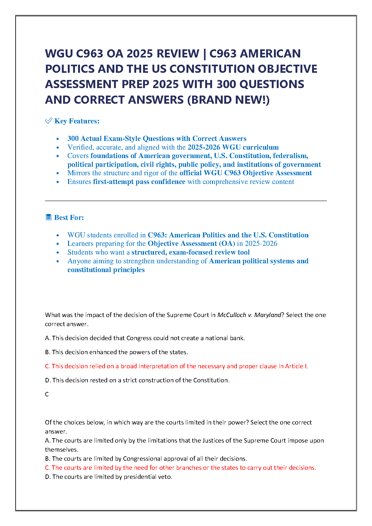 WGU C963 Exam Prep: 300 Q&A for US Constitution and Politics 2025