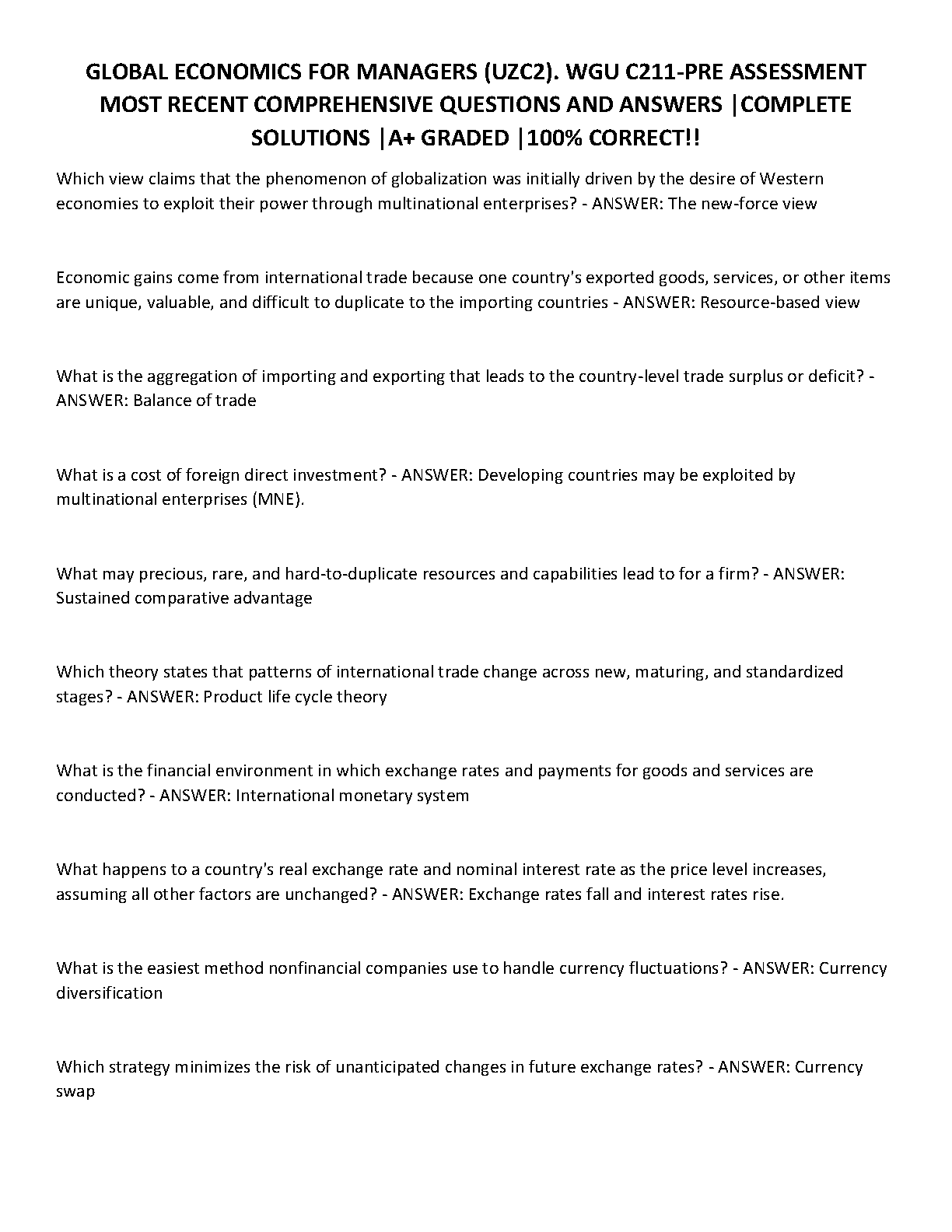 WGU C211 Global Economics Test Bank 2024/2025