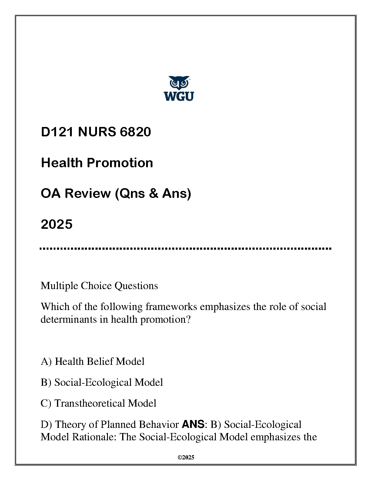 WGU NURS 6820 Health Promotion OA Q&A 2025