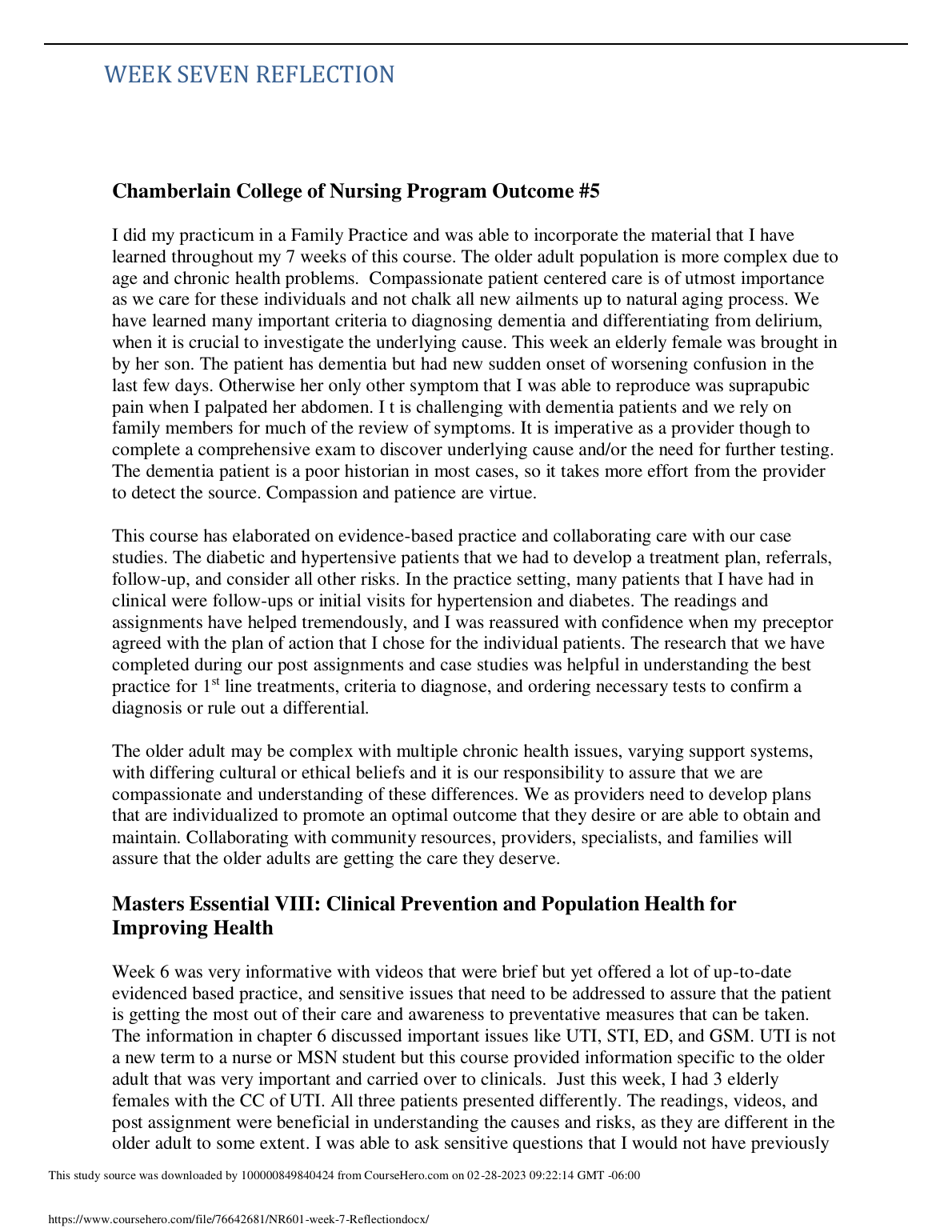 NR 601 Week 7 Reflection: Geriatric Care & EBP Nursing Study Aid IMG-1