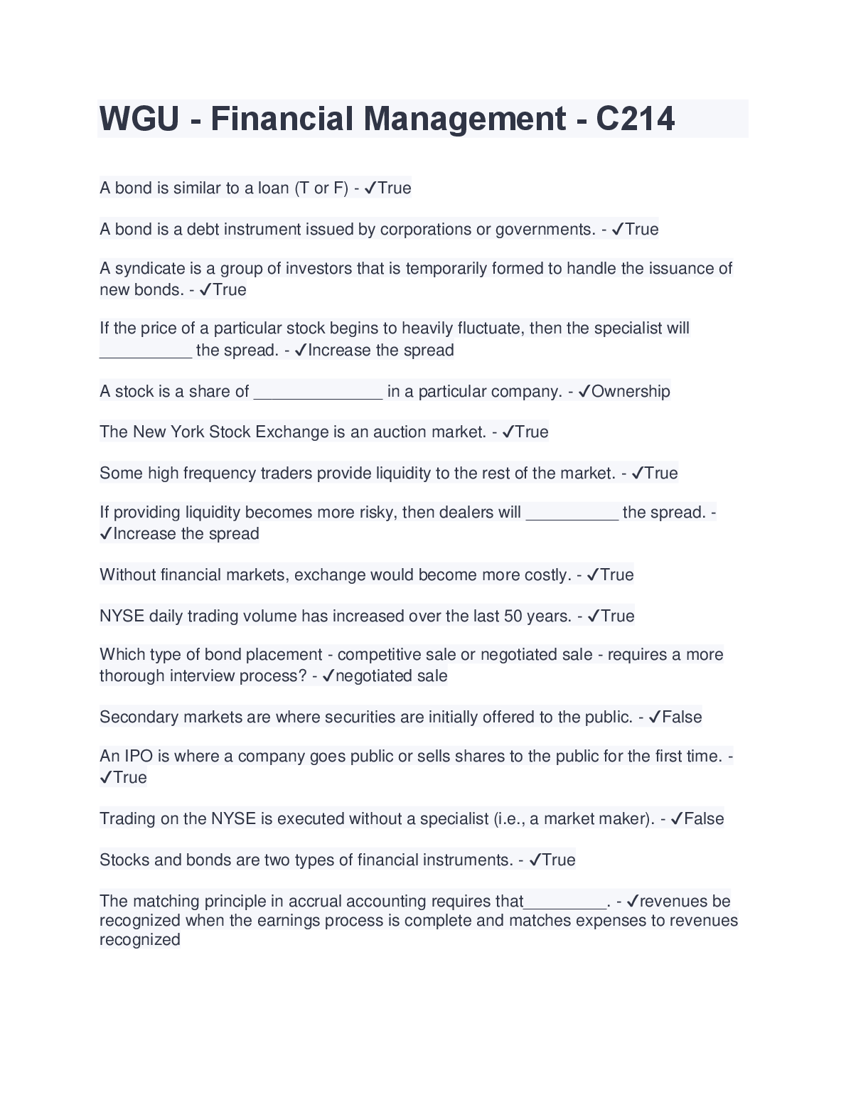 WGU C214 Financial Management Test Bank 2023