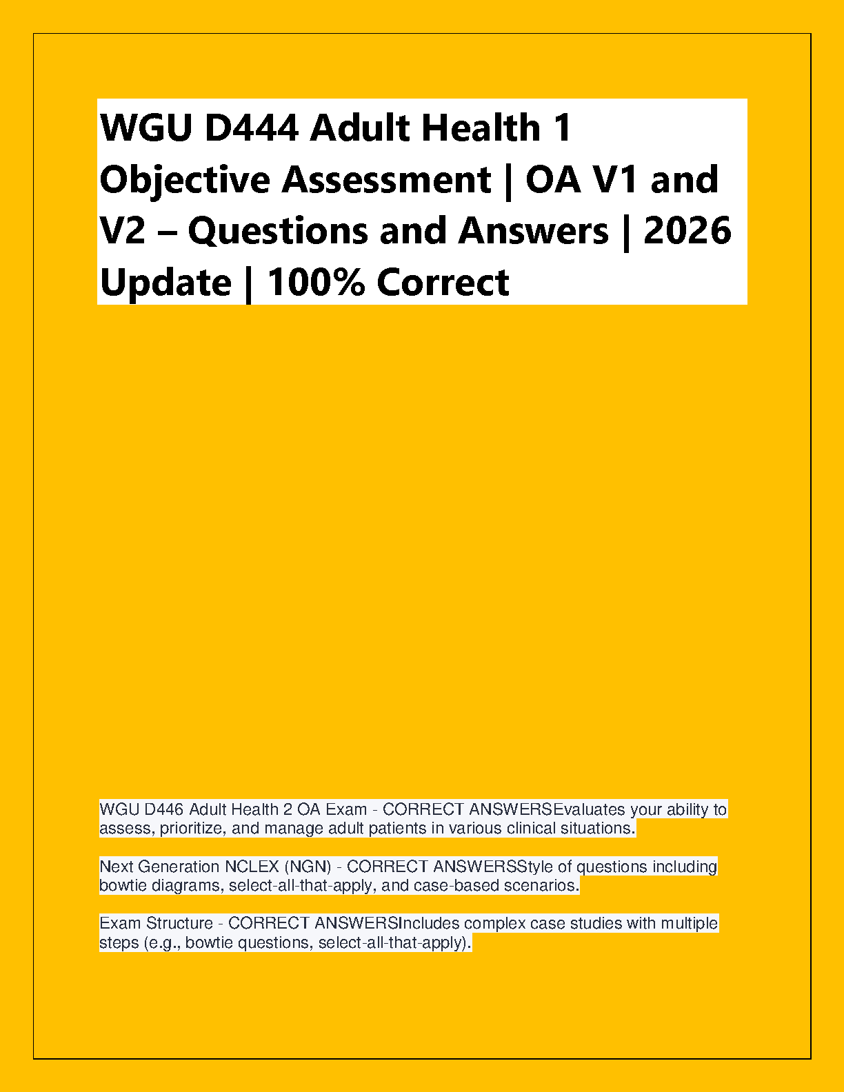 WGU D444 Adult Health 1 OA Questions Answers 2026
