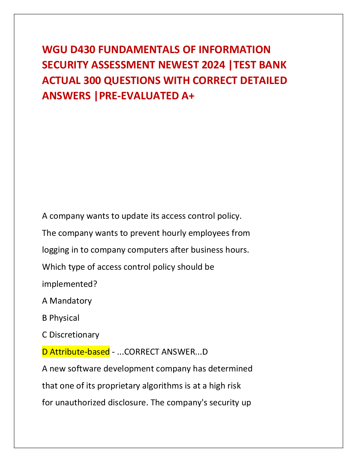 WGU D430 Info Sec Test Bank 2024 300 Q&A