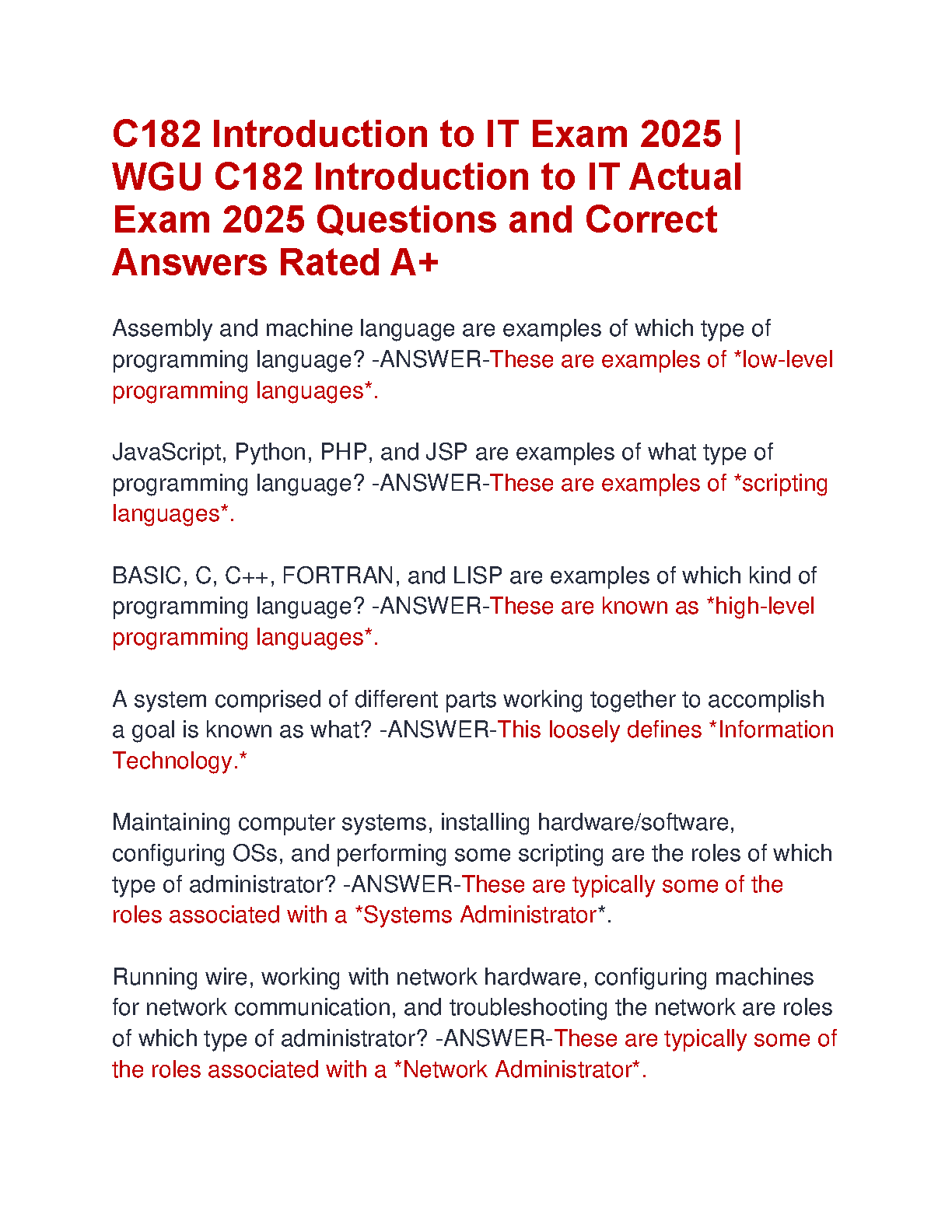 WGU C182 Intro to IT Exam Guide 2025 Actual Qs As