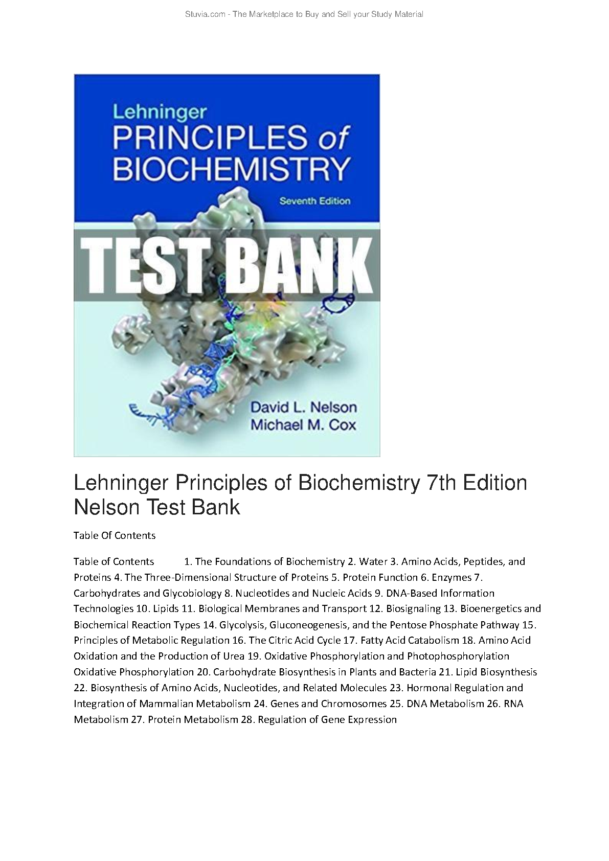 Lehninger Principles of Biochemistry 7th Edition TEST BANK IMG-1