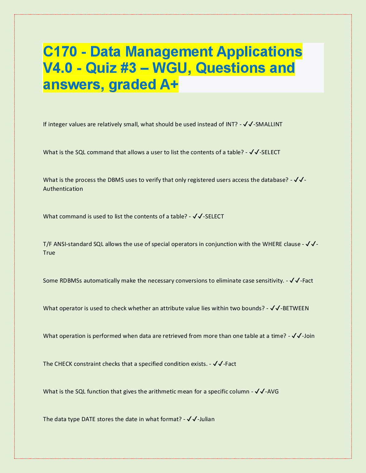 WGU Data Management Apps V4.0 Quiz 3 A+