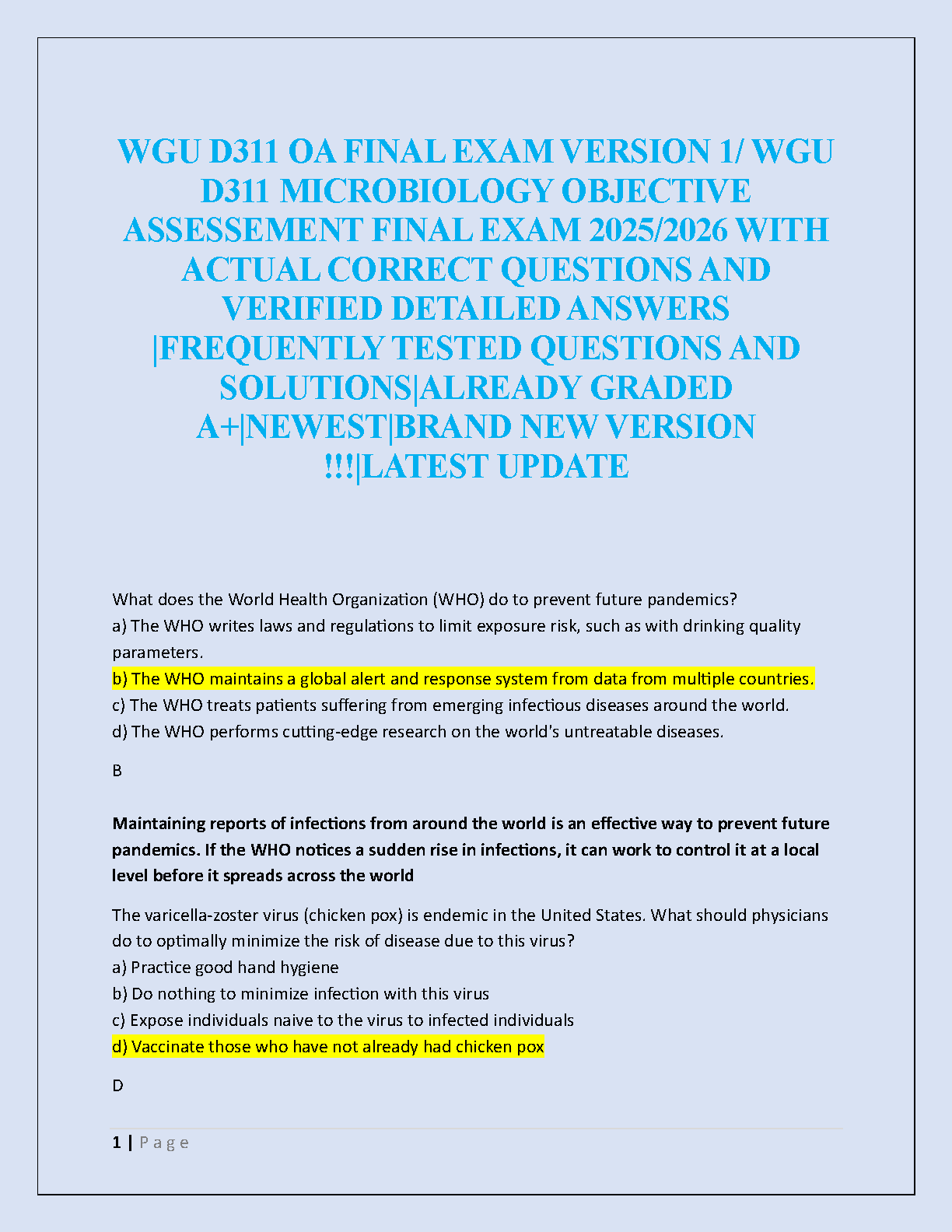 WGU D311 Microbiology Final Exam 2025/2026 Solutions