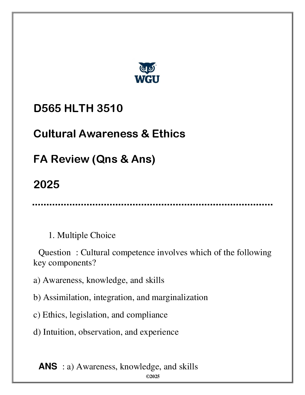 WGU HLTH 3510 Cultural Awareness & Ethics FA Exam Review
