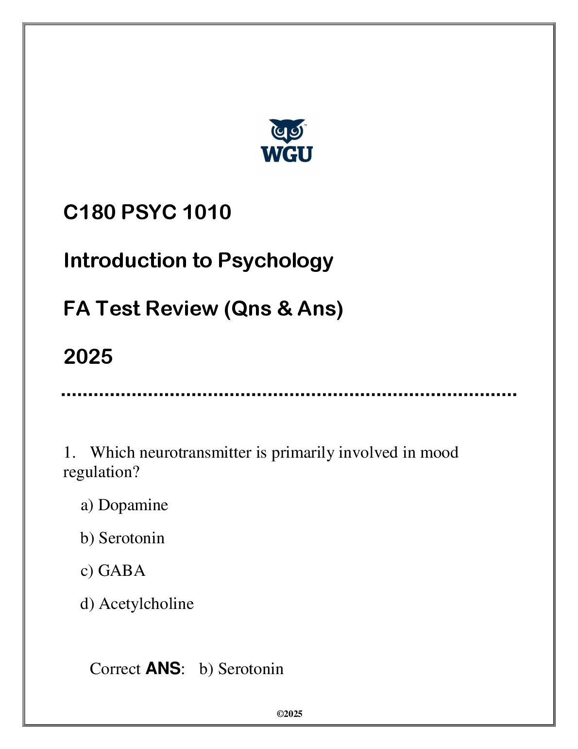 WGU C180 Psychology Final Exam Test Bank Questions
