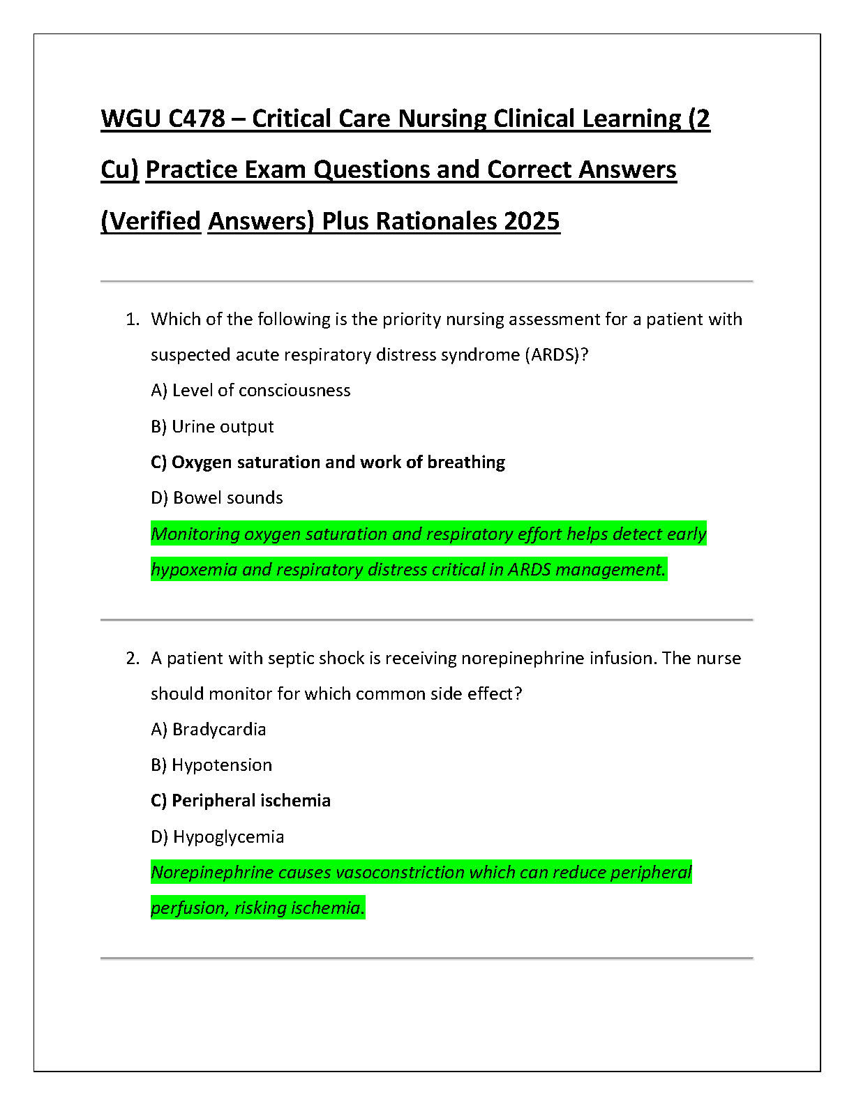 WGU C478 Critical Care Nursing Practice Exams 2025