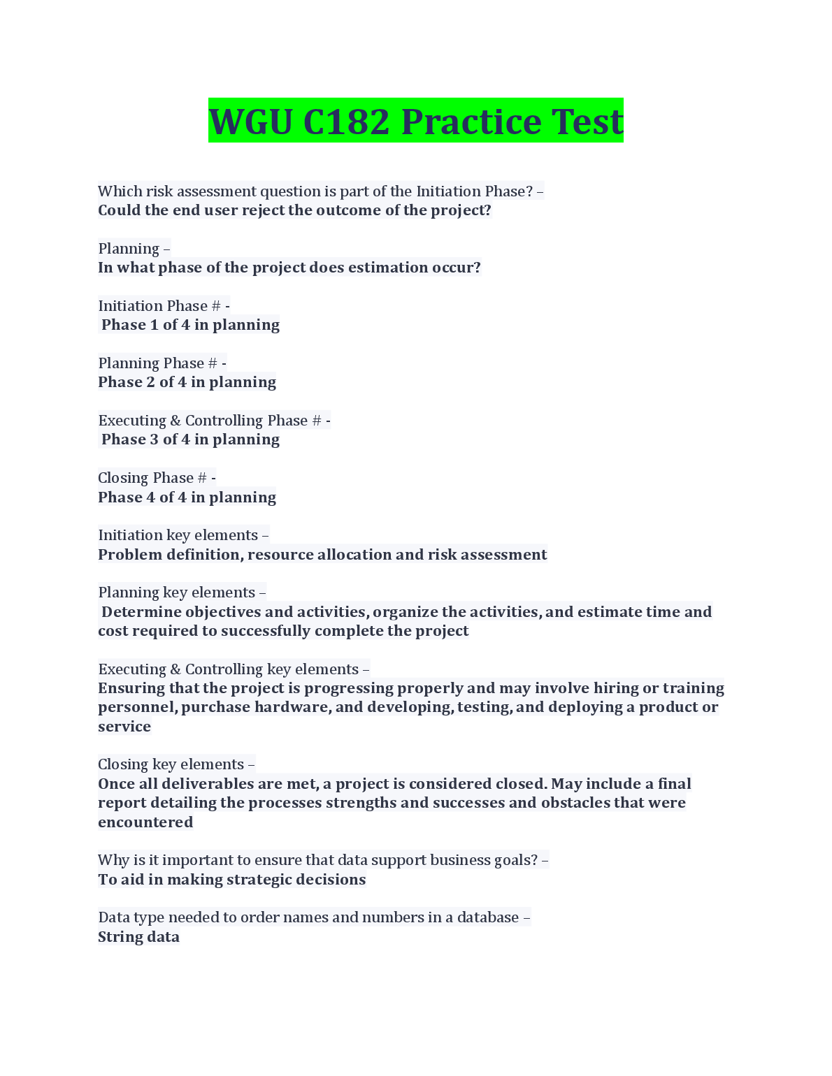 WGU C182 Practice Test: IT Project Management Q&A Guide