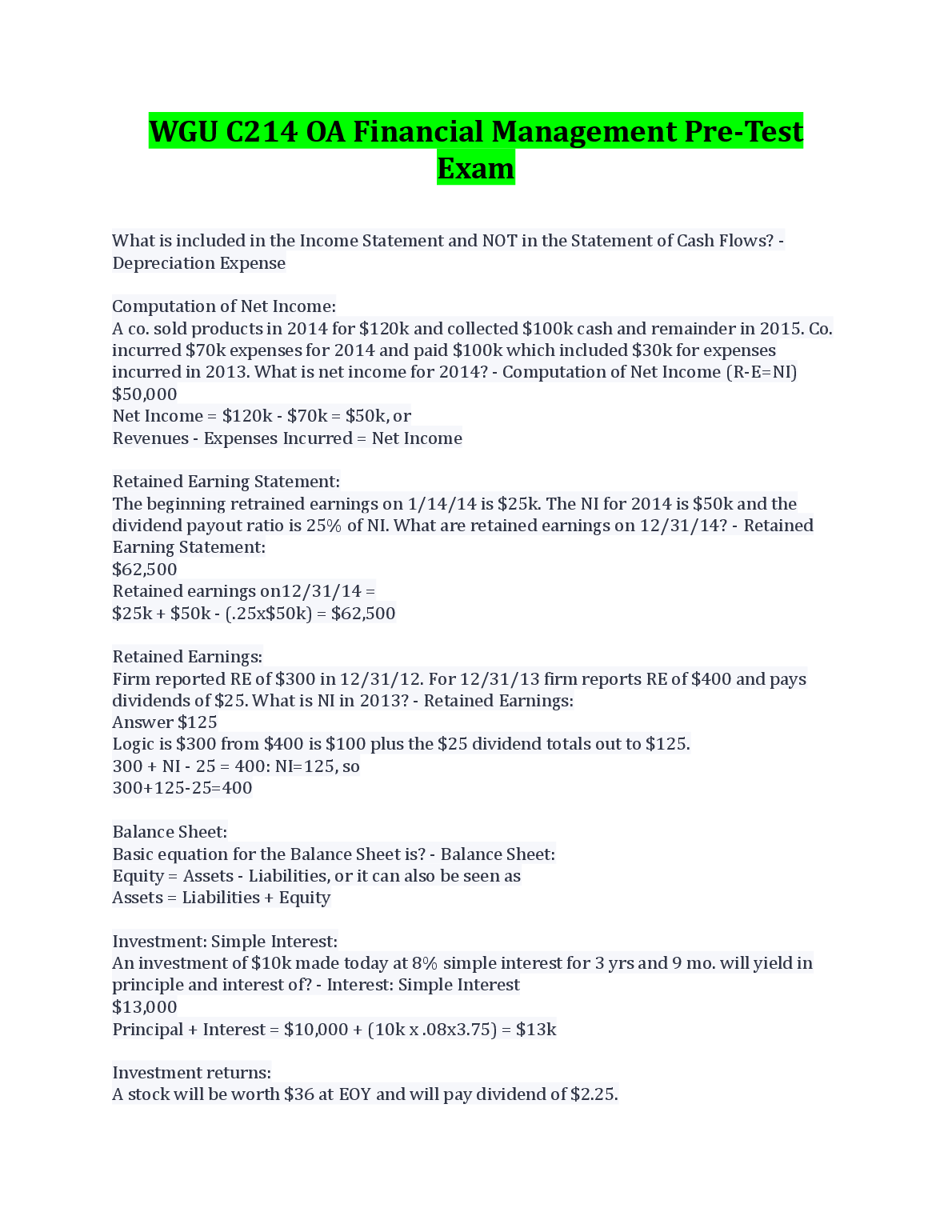 WGU C214 Financial Management Pre-Test Q&A 2023