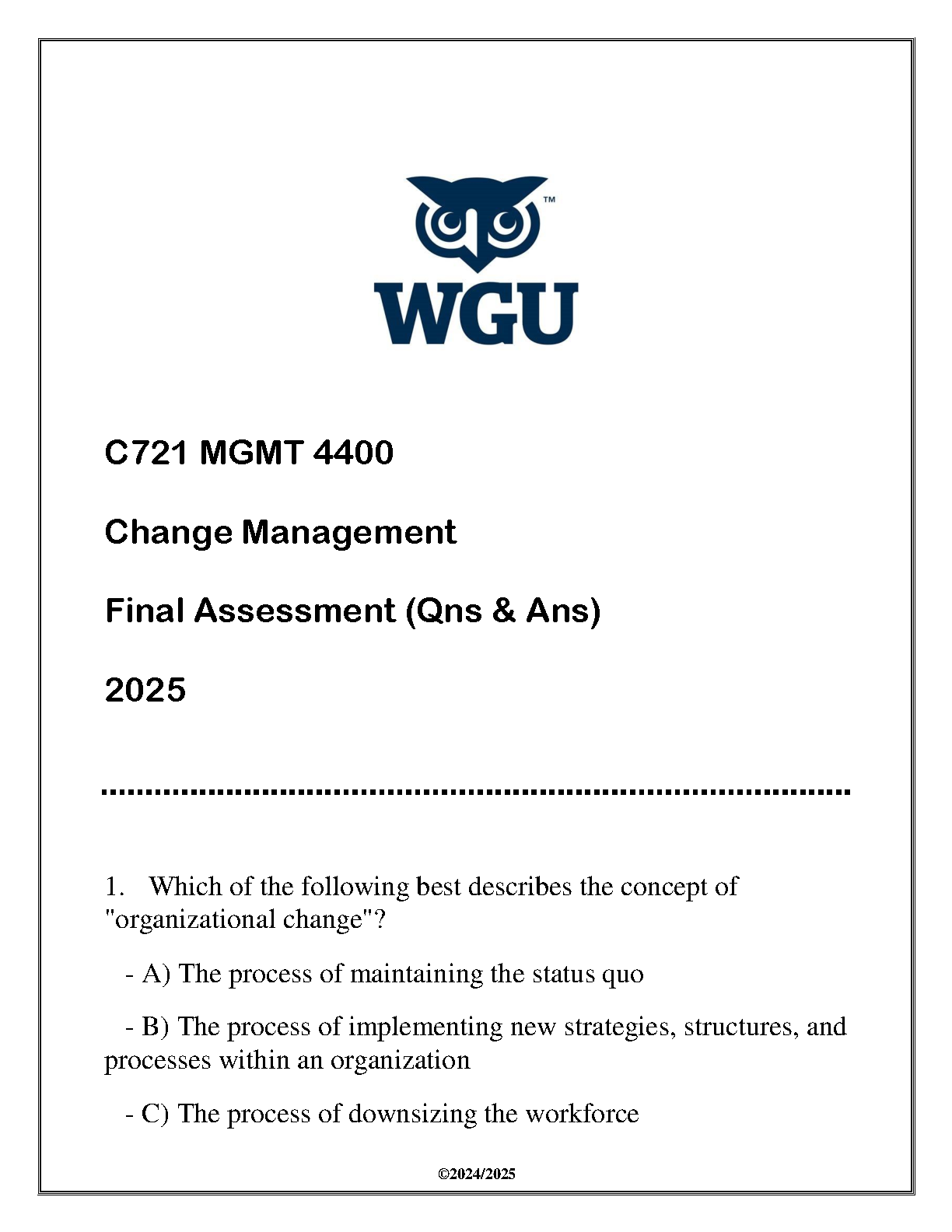 WGU C721 MGMT 4400 Change Management Final Exam Qs A 2025