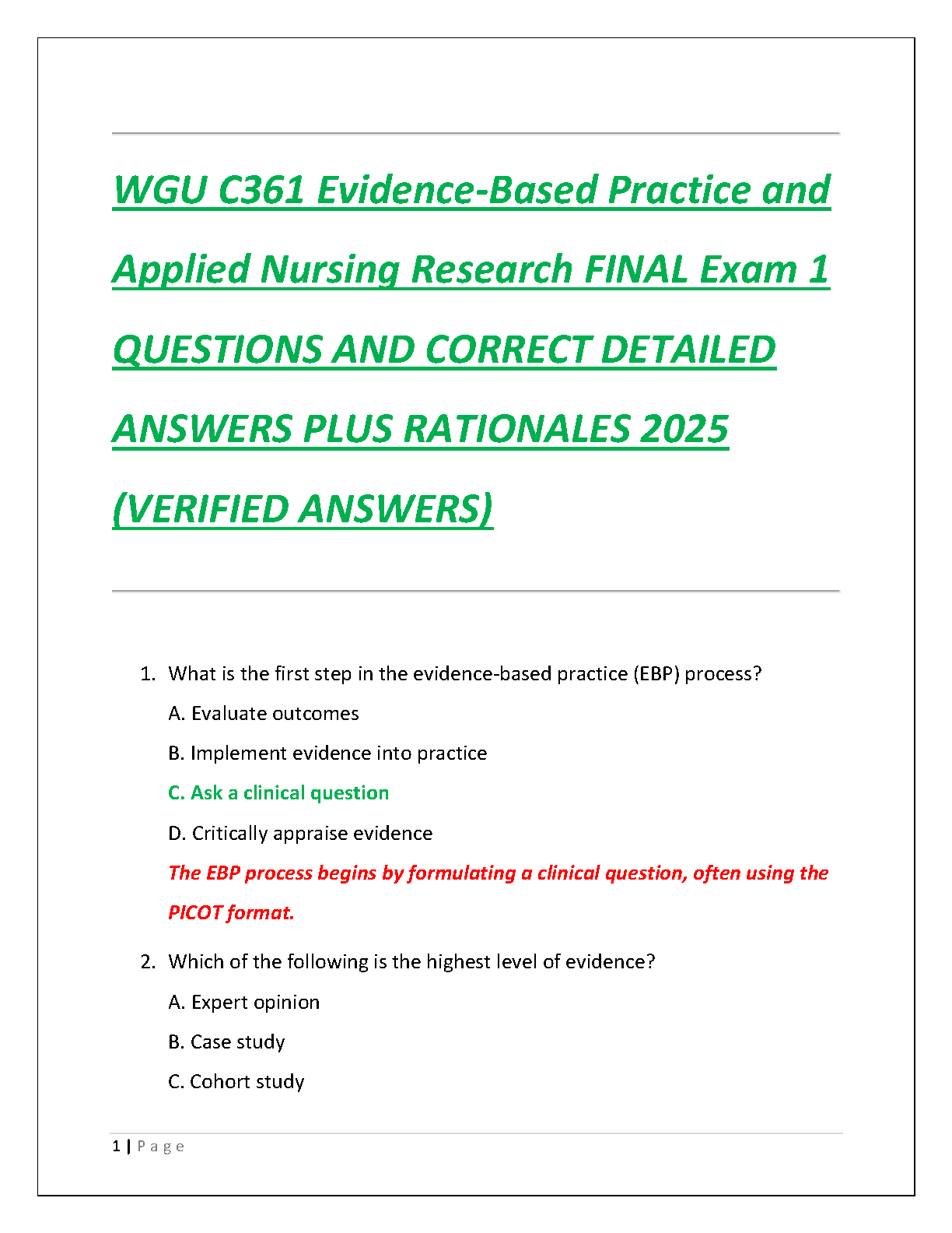 WGU C361 Evidence-Based Practice Final Exam Test Bank 2025