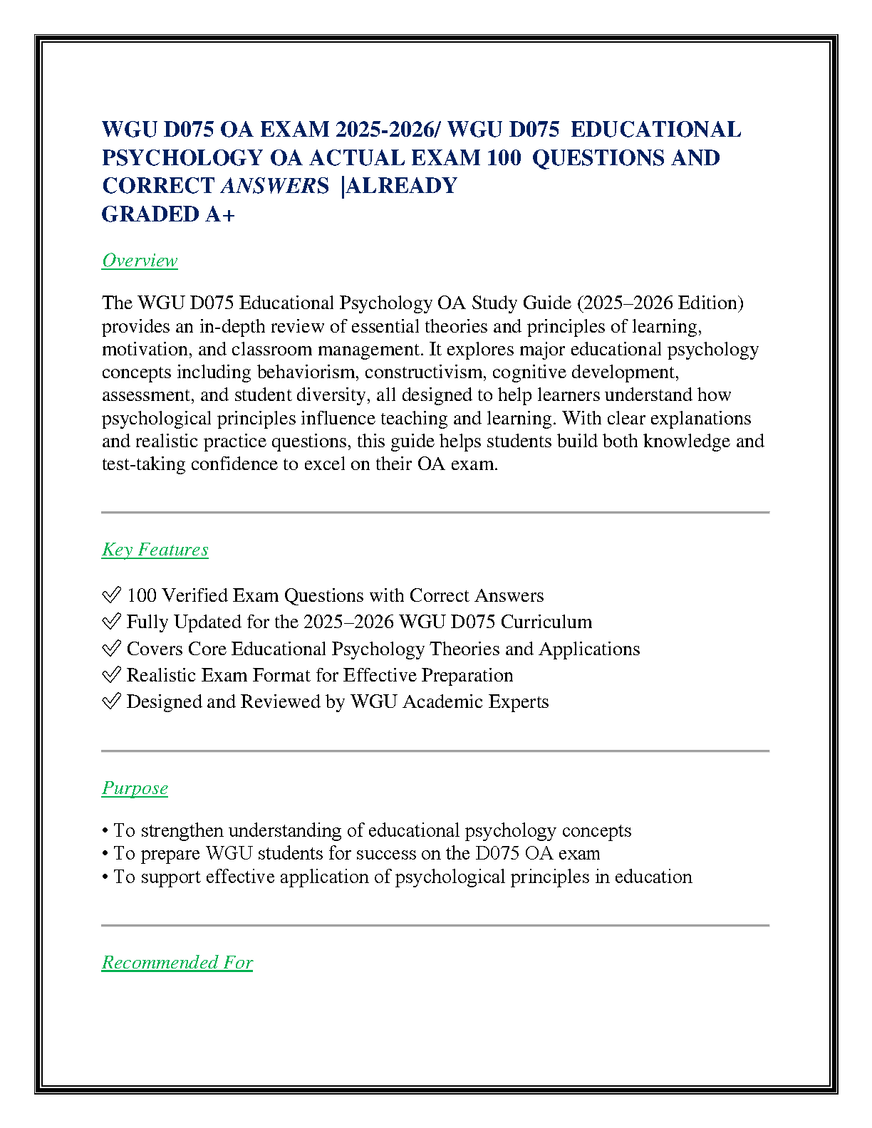 WGU D075 Ed Psych OA Test Bank 2026: Pass First Try IMG-1