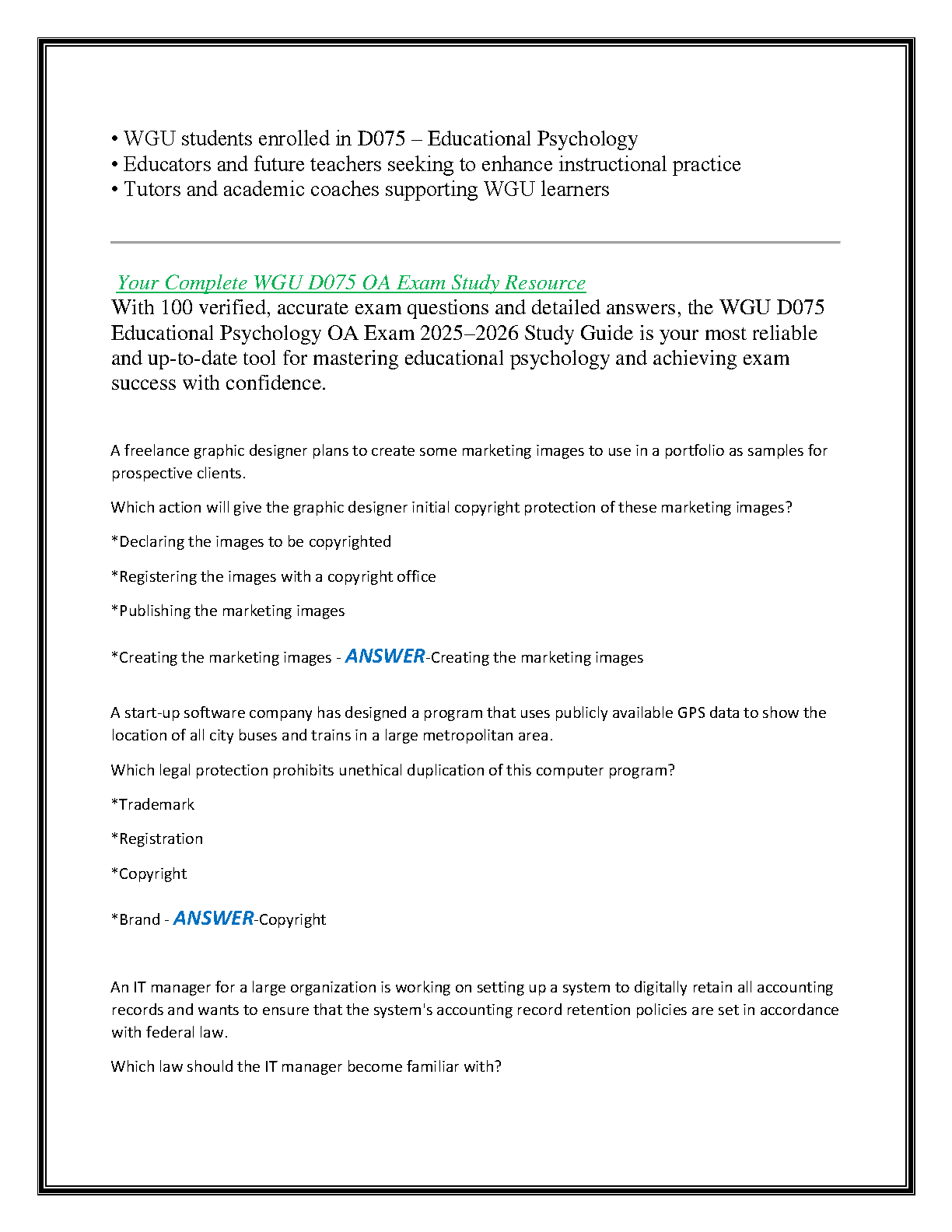 WGU D075 Ed Psych OA Test Bank 2026: Pass First Try